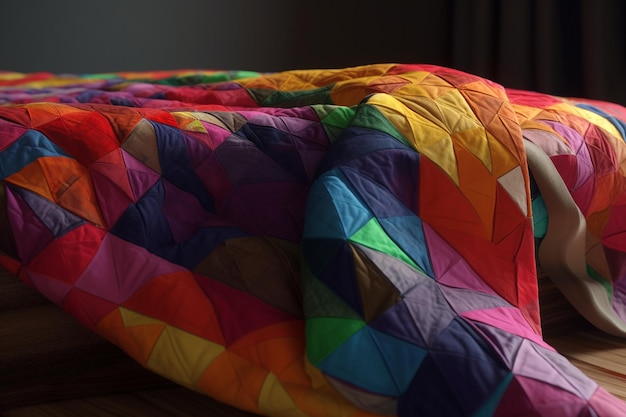 A colorful quilt is on a bed with a dark background.