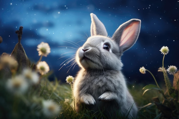 colorful rabbit in the meadow looking at the moon