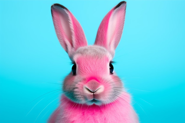 A colorful rabbit with a pink nose and blue eyes sits on a pink