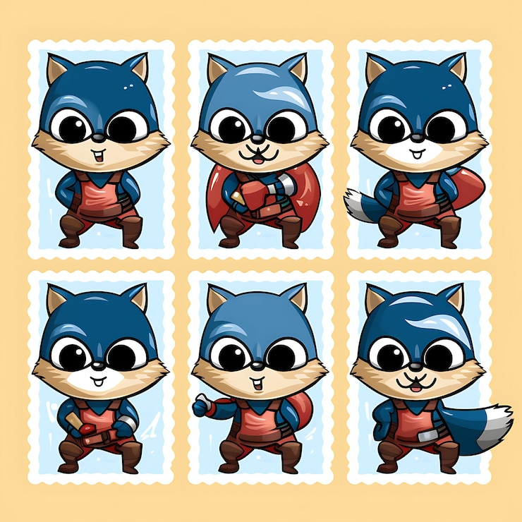 Photo スーパーヒーローのスーツを着たカラフルなラッコン哺乳類がmischievo animal stamp コレクションのアイデアでポーズをとっています