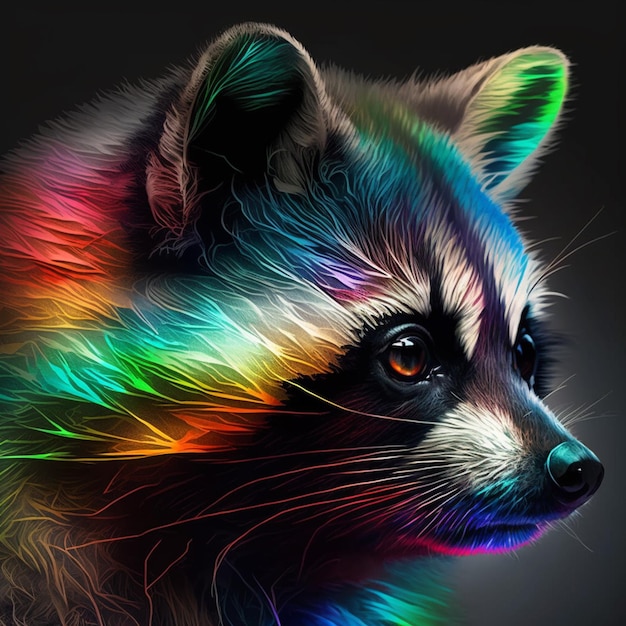 A colorful raccoon with a black background and the word raccoon on it.