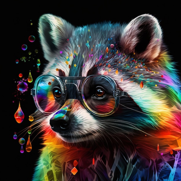 A colorful raccoon with glasses and a rainbow colored background.