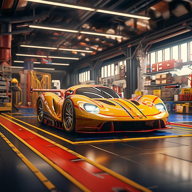 A Colorful Racing powerful Car in the garage Rendering the future