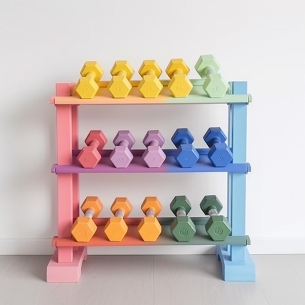 A colorful rack with dumbbells on it