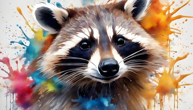 colorful racoon in paint splashes