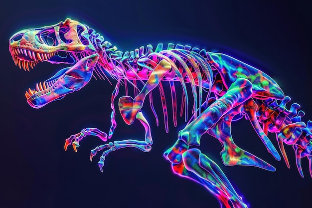 A colorful radiant Xray image of a Tyrannosaurus Rex skeleton