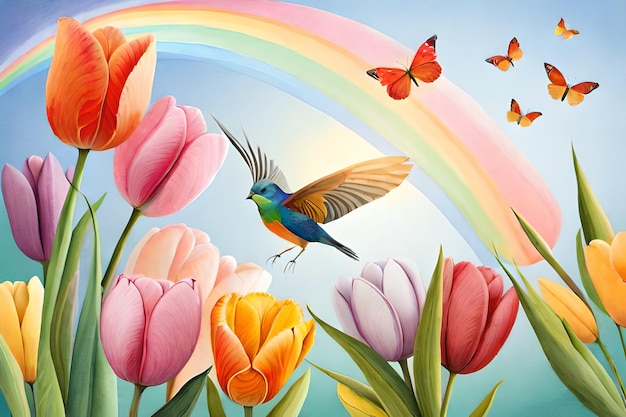 A colorful rainbow and a bird flying over flowers.