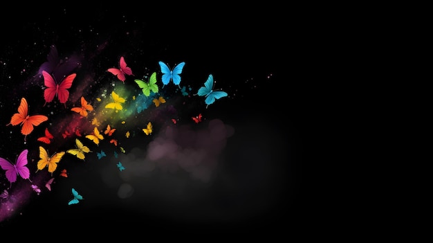 Foto striscione di farfalle colorate arcobaleno con sfondo scuro farfalle nei colori dell'arcobaleno su nero illustrazione farfalla colorata per cartoline pubblicitarie per carta da parati concetto estivo ia generativa