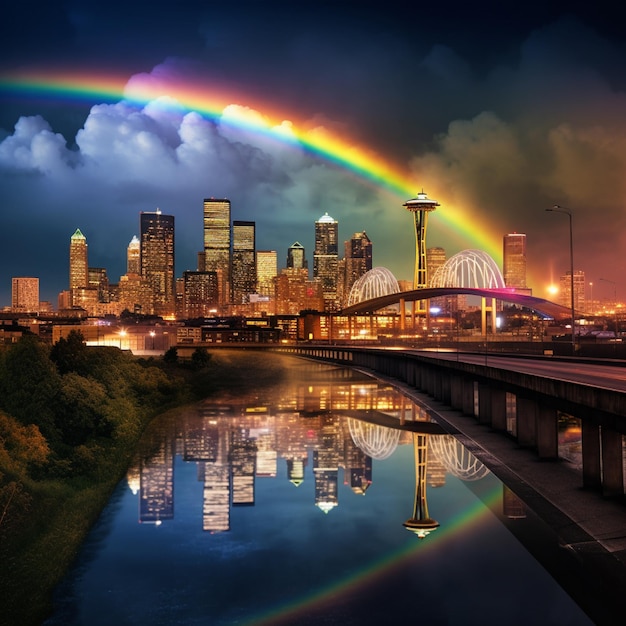 Colorful rainbow above a city and river