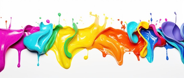 Photo colorful rainbow color acrylic paint flowing down over white background banner panoramaic