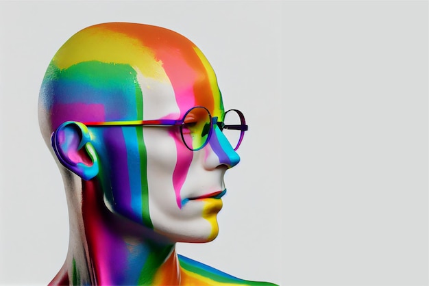 A colorful rainbow colored head of a man with glasses on it.