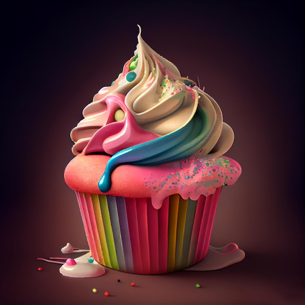 Colorful rainbow cupcake on dark background Illustration