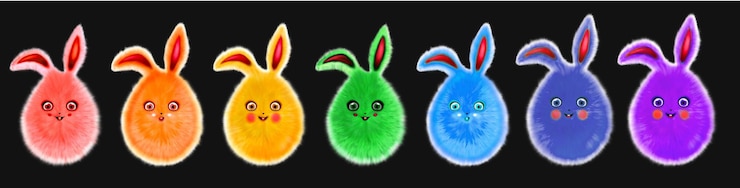 Photo colorful rainbow egg shaped fur bunnies with ears isolated on the background d illustration for