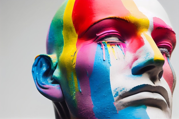 A colorful rainbow head of a mannequin with a white background