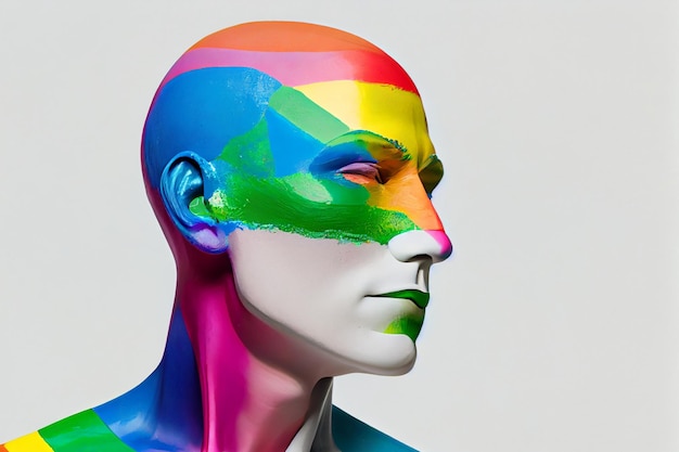 A colorful rainbow head of a mannequin with a white background
