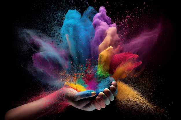 Colorful rainbow holi paint color powder explosion from hands isolated on black generative ai