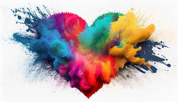 Colorful rainbow holi paint color powder explosion heart shape white background scene