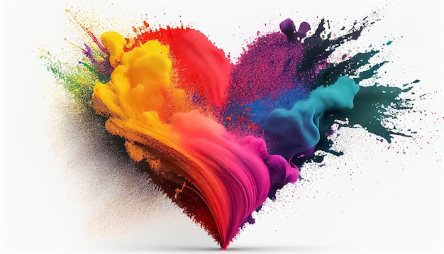 Colorful rainbow holi paint color powder explosion heart shape white background scene