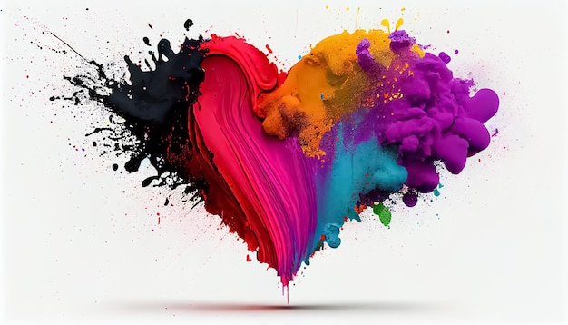 Colorful rainbow holi paint color powder explosion heart shape white background scene