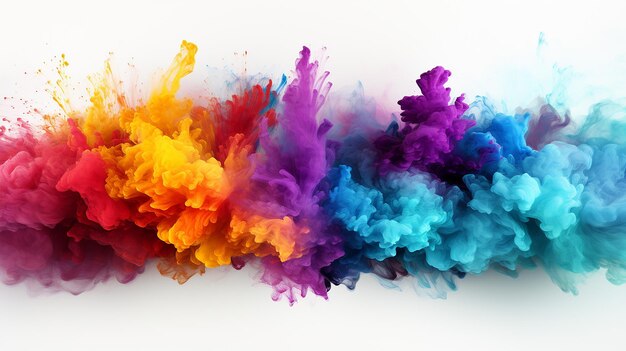 Colorful rainbow holi paint color powder explosion isolated white wide panorama background