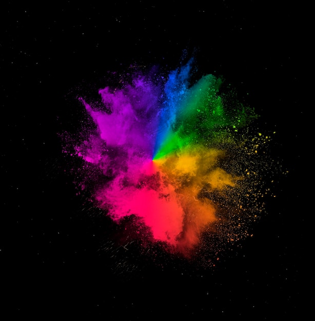 Colorful rainbow holi paint powder explosion isolated on black background