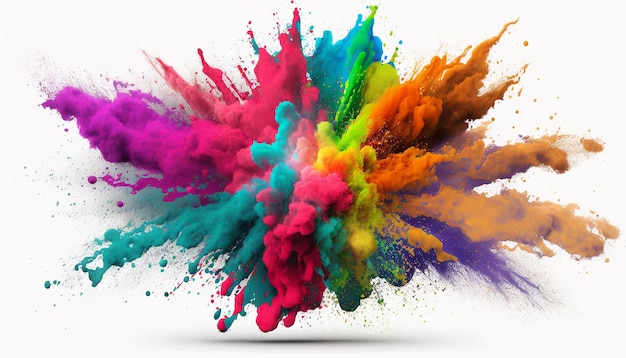 Colorful rainbow holi paint splash explosion of colored powder on white background Generative AI