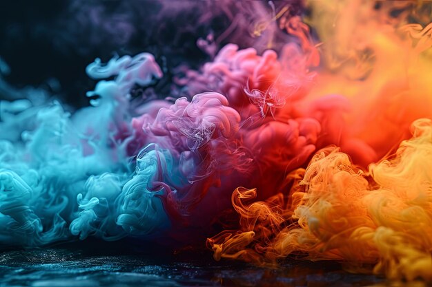 色彩の虹のネオン煙の塗料爆発 暗い背景に色彩の塗料のスプラッターと水彩の粉末のスプラッシュ