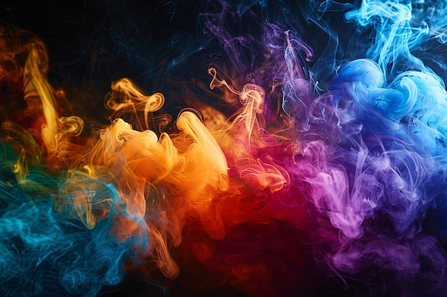 Colorful rainbow neon smoke paint explosion Colorful paint splatter and watercolor powder splash on dark background