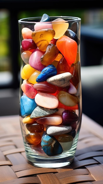 Colorful rainbow pebbles stone stacked in glass cone cup on clean background