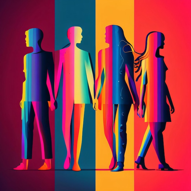 色とりどりの背景の男性と女性の彩虹のシルエット ストライプ 女性の自由のシンボル