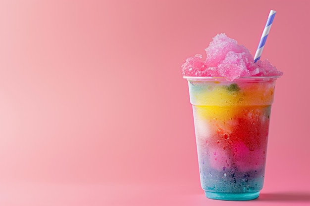 A colorful rainbow slushy drink with a pink straw against a pink background