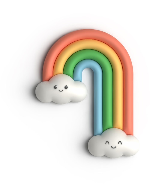 Foto arcobaleno colorato e nuvola sorridente vista frontale isolata su sfondo bianco. simpatico arcobaleno e nuvola