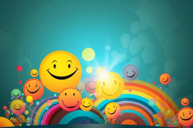 Foto un arcobaleno colorato e una faccina sorridente con uno sfondo blu