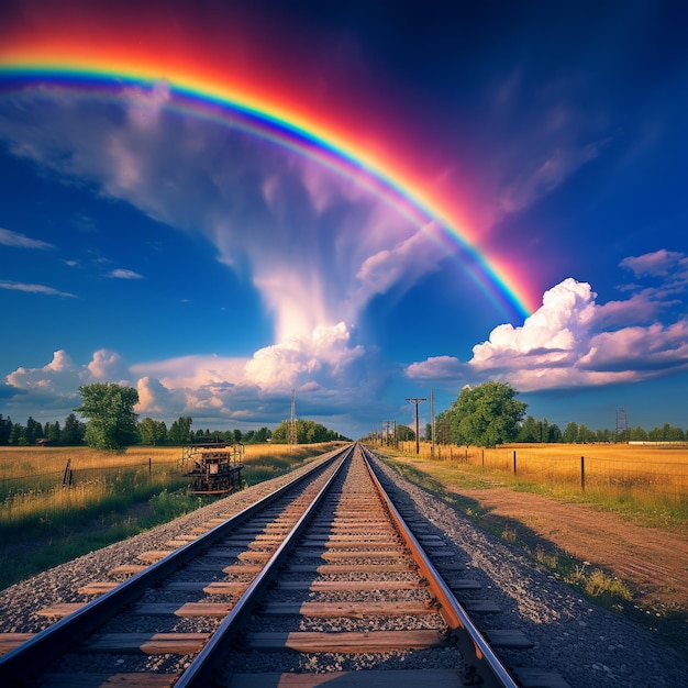 A colorful rainbow visible across the beautiful sky above train's track generative ai