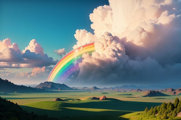 Foto colore della carta da parati dell'arcobaleno pioggia cielo bellissimo sfondo dell'arcabaleno foresta prato fiori