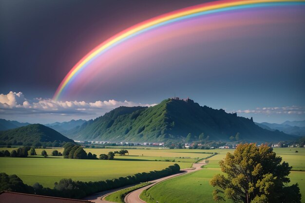 Foto colore della carta da parati dell'arcobaleno pioggia cielo bellissimo sfondo dell'arcabaleno foresta prato fiori