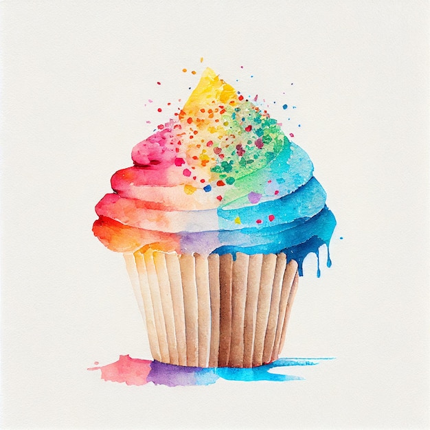 Colorful rainbow watercolor cupcake on white background Illustration