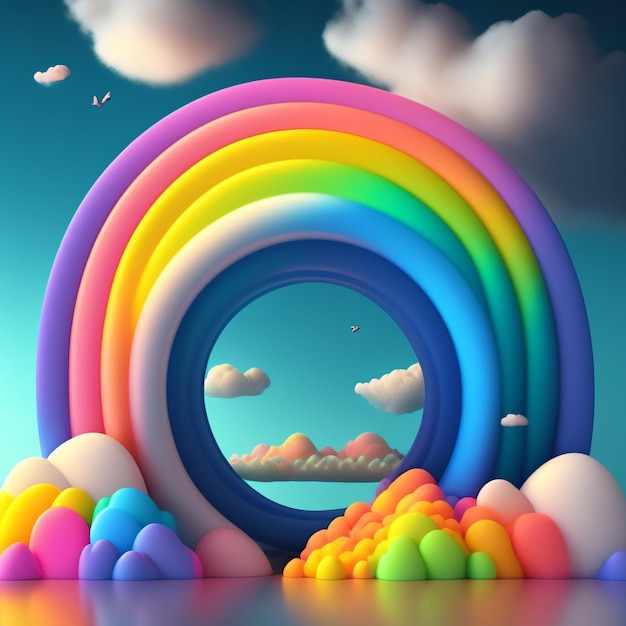 A colorful rainbow with a blue sky and clouds