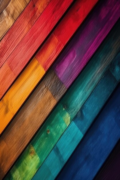 Colorful rainbow wooden planks create a textured and vibrant background Generative AI