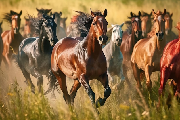 The colorful ranch horses galloped on the sunrise dusty plains