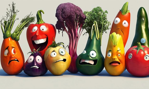 Colorful range of garden vegetables with comically animated faces suggesting emotions and story