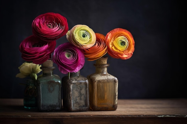 Colorful ranunculus in antique dusty bottles Generative ai