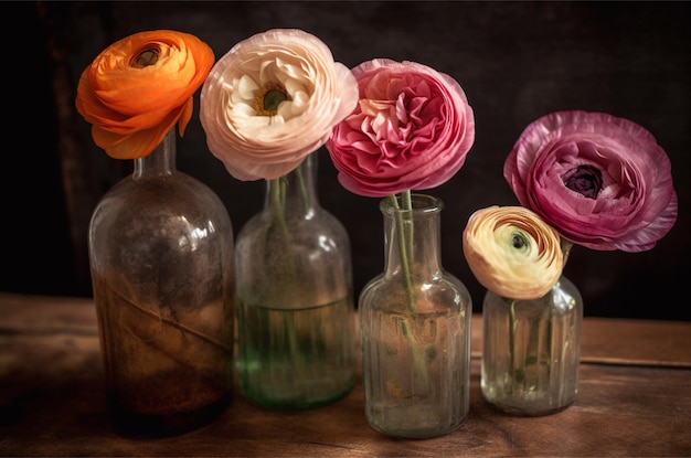 Colorful ranunculus in antique dusty bottles Generative ai