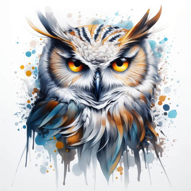 Colorful Realism Owl With Orange Eyes On White Background