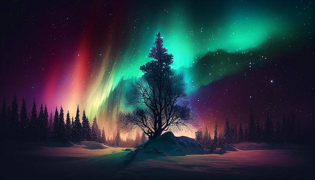 Colorful realistic Christmas background with aurora Generative AI