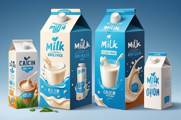 Photo colorful realistic poster advertising carton packs with natural milk rich in calcium and protein vector