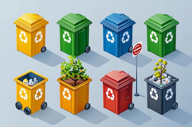 Photo colorful recycle bins in isometric view for waste segregation