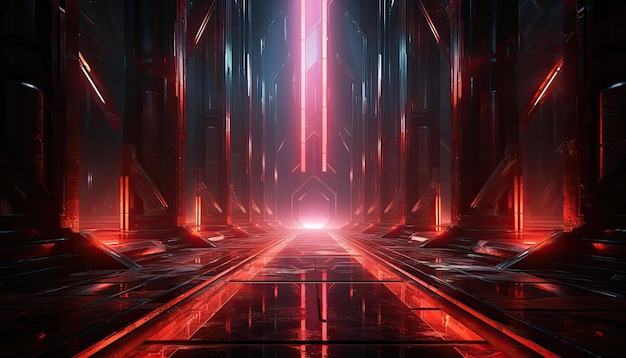 カラフルな赤い幾何学的なネオンの光の背景サイバー技術建物建築都市
