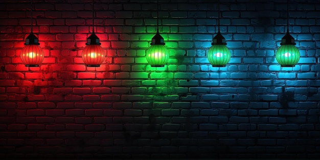 colorful red lights hanging on black brick background in the style of xmaspunk