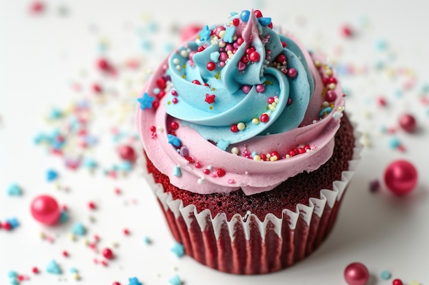 Colorful red velvet cupcake with whipped cream and sprinkles